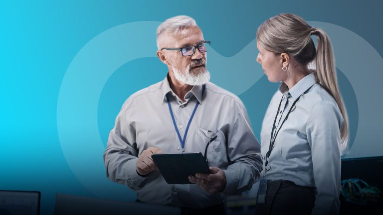 A man with a beard and glasses is talking to a lady with a ponytail and discussing a car sales whilst looking at a tablet